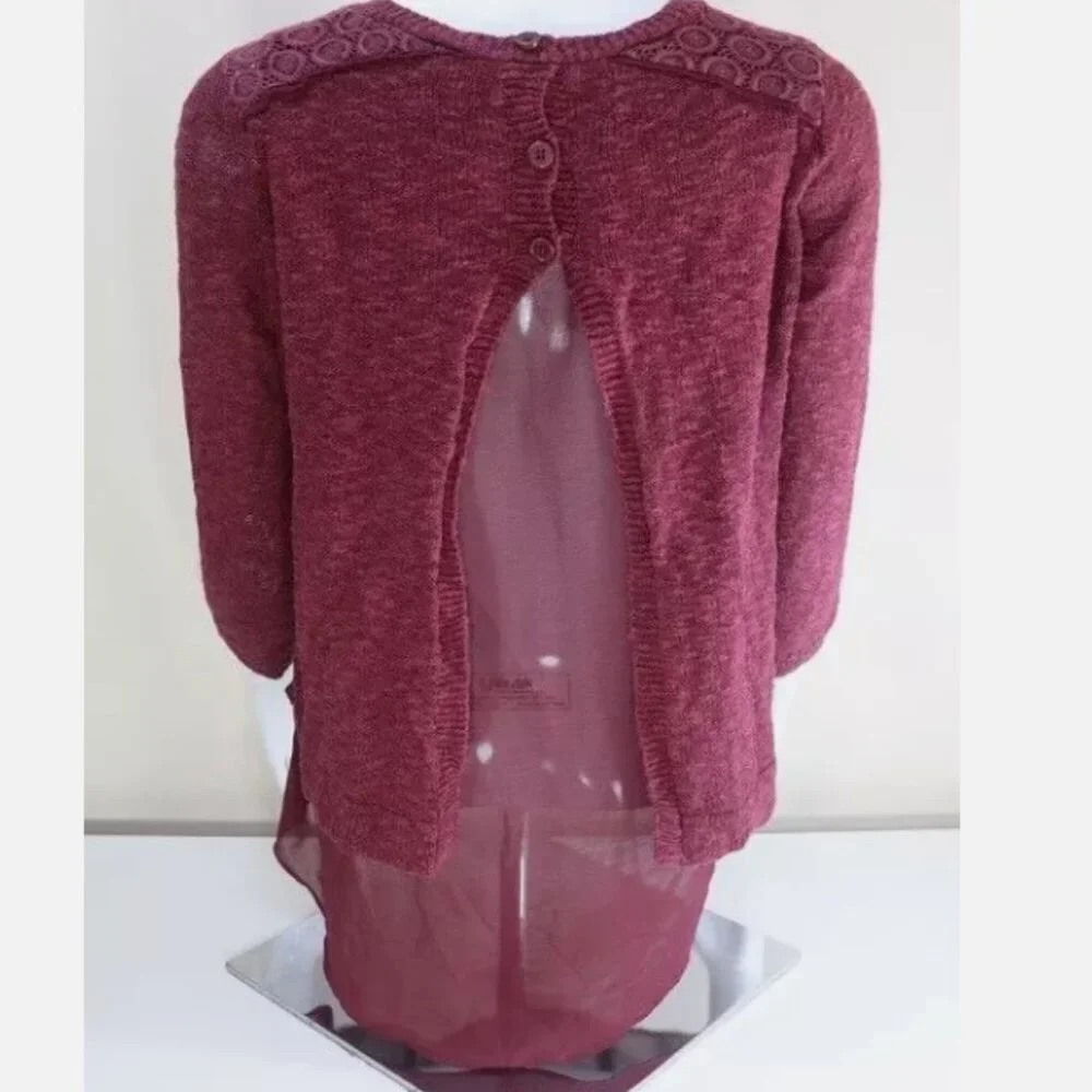 Lucky Brand Burgundy Knit Crochet Lace Sheer Split Back XS